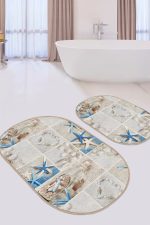 Deniz Kabuğu & Yıldızı Özel Tasarım 2'li Oval Kaymaz Tabanlı Banyo & Mutfak Paspas Takımı Realhomes