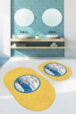 - RealHomes - Realhomes  Sarı Puantiyeli Mavi Arabalı 2'li Oval Kaymaz Tabanlı Mutfak Paspas Takımı & Banyo Halı Seti Realhomes