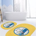 Bordo Zemin Lacivert Dalga Detaylı Özel Tasarım 2'li Oval Kaymaz Tabanlı Banyo & Mutfak Paspas Takımı Realhomes