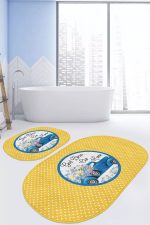 - RealHomes - Realhomes  Sarı Puantiyeli Mavi Arabalı 2'li Oval Kaymaz Tabanlı Mutfak Paspas Takımı & Banyo Halı Seti Realhomes
