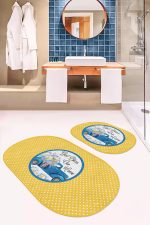 - RealHomes - Realhomes  Sarı Puantiyeli Mavi Arabalı 2'li Oval Kaymaz Tabanlı Mutfak Paspas Takımı & Banyo Halı Seti Realhomes