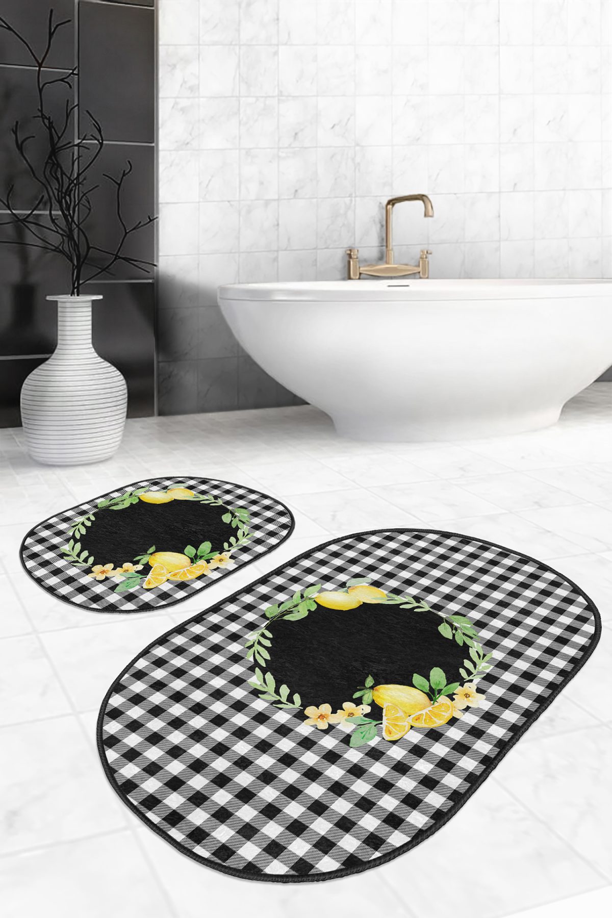 Siyah Ekose Motifli Limon Tasarımlı 2'li Oval Banyo Paspas Takımı & Klozet Paspas Seti Realhomes