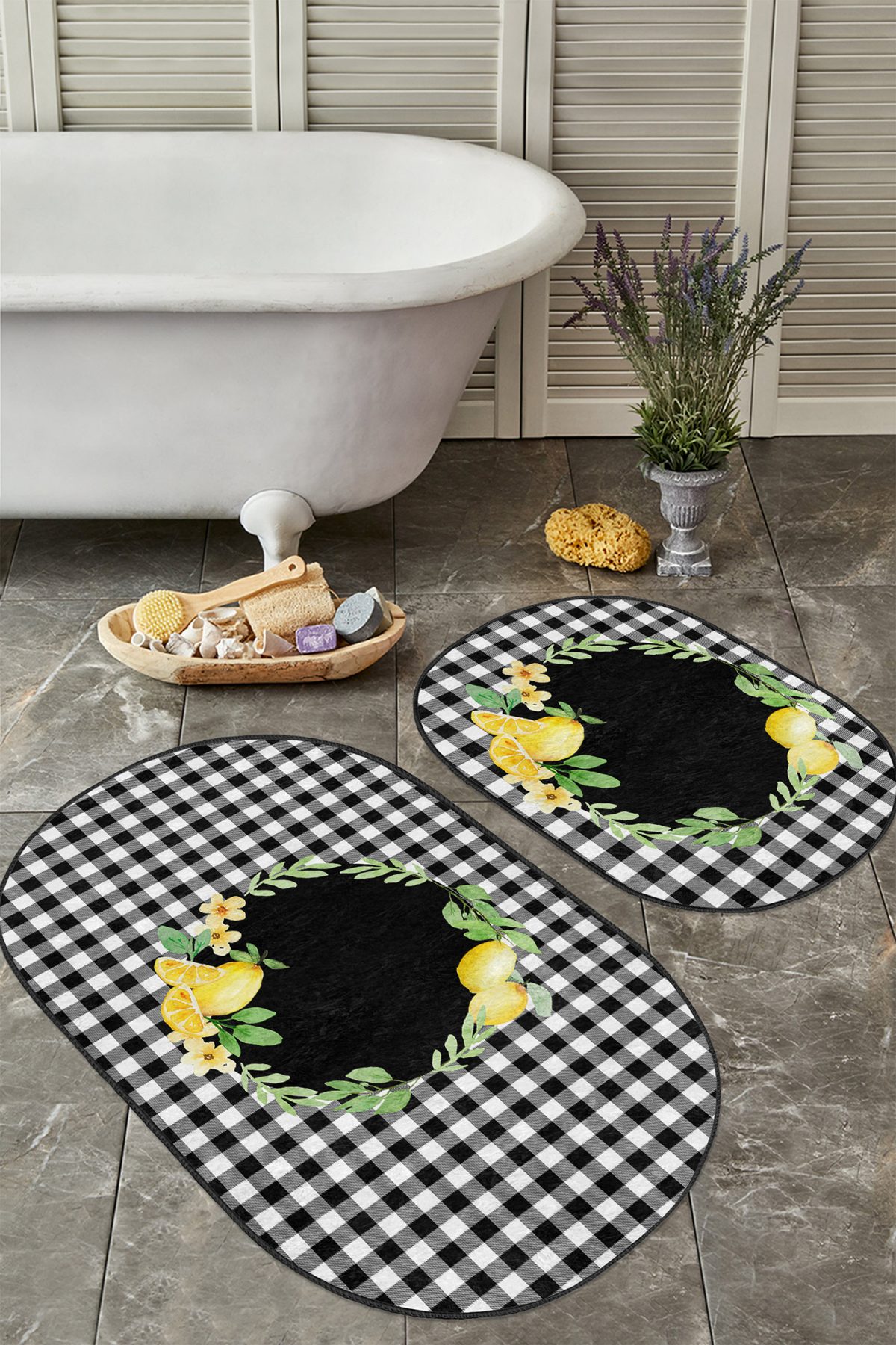 Siyah Ekose Motifli Limon Tasarımlı 2'li Oval Banyo Paspas Takımı & Klozet Paspas Seti Realhomes