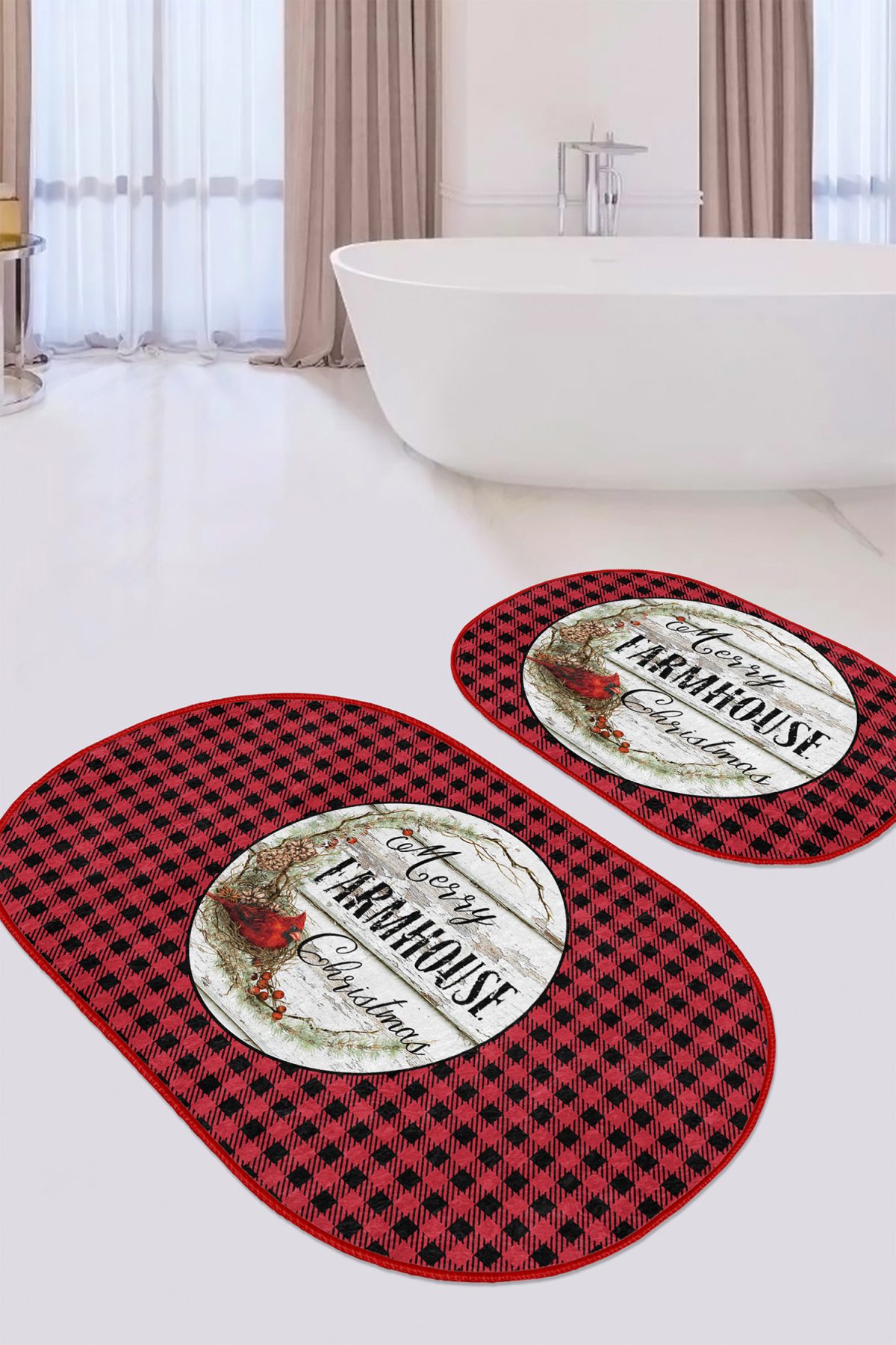 Kırmızı Siyah Ekose Christmas Temalı 2'li Oval Mutfak Paspas Takımı & Banyo Halısı Seti Realhomes