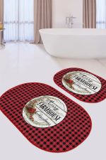 - RealHomes - Realhomes  Kırmızı Siyah Ekose Christmas Temalı 2'li Oval Mutfak Paspas Takımı & Banyo Halısı Seti Realhomes