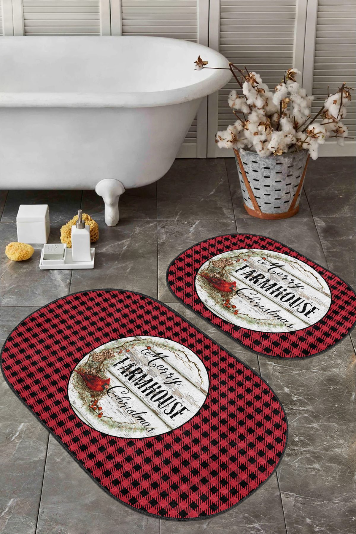 Kırmızı Siyah Ekose Christmas Temalı 2'li Oval Mutfak Paspas Takımı & Banyo Halısı Seti Realhomes