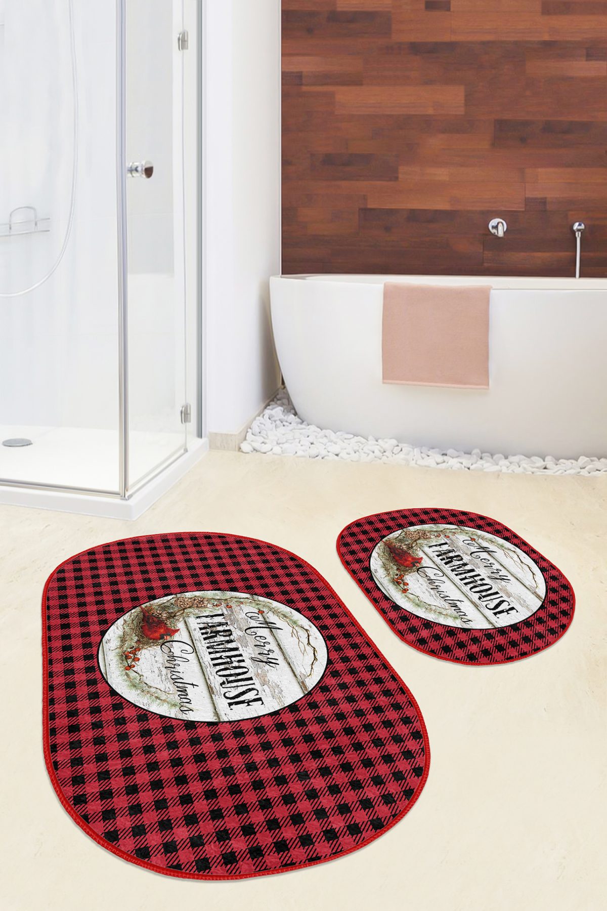 Kırmızı Siyah Ekose Christmas Temalı 2'li Oval Mutfak Paspas Takımı & Banyo Halısı Seti Realhomes