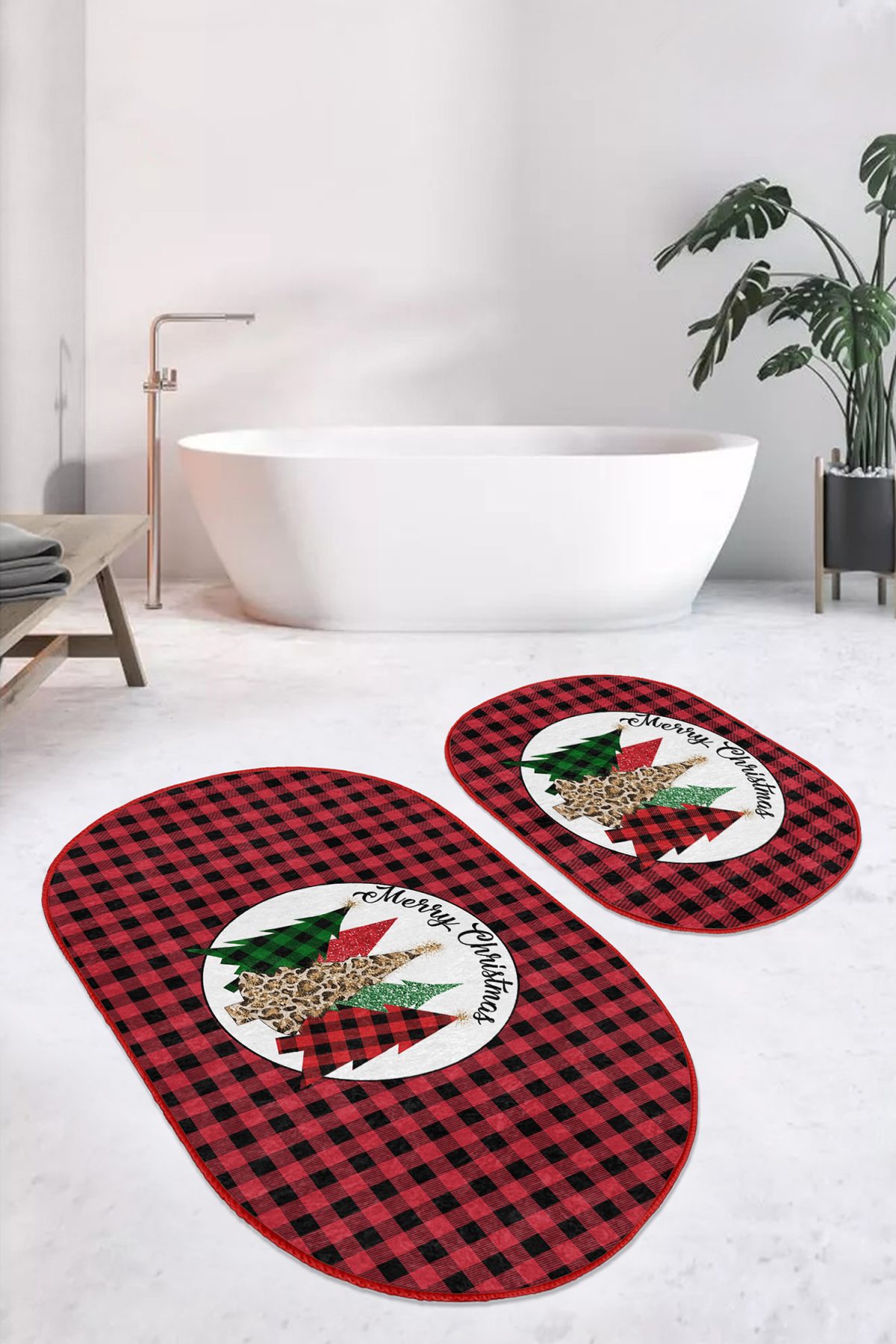 Mery Christmas Temalı Kırmızı Ekoseli 2'li Oval Banyo Halısı Seti & Klozet Paspas Takımı Realhomes