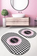 - RealHomes - Realhomes  Siyah Ekose Tasarımlı Love Temalı 2'li Oval Banyo Paspas Takımı & Mutfak Paspas Takımı Realhomes