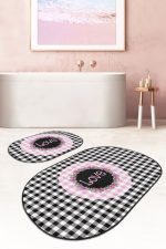 - RealHomes - Realhomes  Siyah Ekose Tasarımlı Love Temalı 2'li Oval Banyo Paspas Takımı & Mutfak Paspas Takımı Realhomes