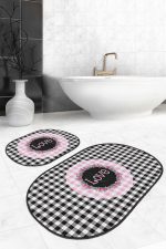 - RealHomes - Realhomes  Siyah Ekose Tasarımlı Love Temalı 2'li Oval Banyo Paspas Takımı & Mutfak Paspas Takımı Realhomes