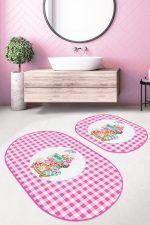 - RealHomes - Realhomes Pembe Ekoseli Özel Tasarım 2'li Oval Kaymaz Tabanlı Banyo Paspas Takımı & Mutfak Paspas Seti Realhomes