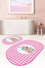 - RealHomes - Realhomes Pembe Ekoseli Özel Tasarım 2'li Oval Kaymaz Tabanlı Banyo Paspas Takımı & Mutfak Paspas Seti Realhomes