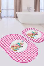 - RealHomes - Realhomes Pembe Ekoseli Özel Tasarım 2'li Oval Kaymaz Tabanlı Banyo Paspas Takımı & Mutfak Paspas Seti Realhomes