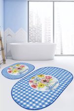 - RealHomes - Realhomes  Welcome Temalı Mavi Ekoseli 2'li Oval Kaymaz Tabanlı Mutfak Paspas Takımı & Banyo Halısı Seti Realhomes