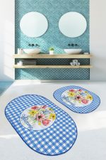 - RealHomes - Realhomes  Welcome Temalı Mavi Ekoseli 2'li Oval Kaymaz Tabanlı Mutfak Paspas Takımı & Banyo Halısı Seti Realhomes