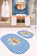 - RealHomes - Realhomes  Welcome Temalı Mavi Ekoseli 2'li Oval Kaymaz Tabanlı Mutfak Paspas Takımı & Banyo Halısı Seti Realhomes