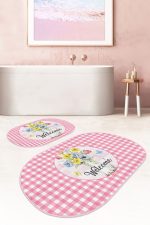 - RealHomes - Realhomes  Pembe Ekose Welcome Temalı 2'li Oval Kaymaz Tabanlı Banyo Halısı & Klozet Paspas Seti Realhomes