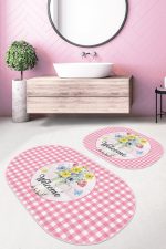 - RealHomes - Realhomes  Pembe Ekose Welcome Temalı 2'li Oval Kaymaz Tabanlı Banyo Halısı & Klozet Paspas Seti Realhomes