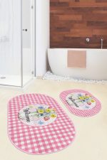 - RealHomes - Realhomes  Pembe Ekose Welcome Temalı 2'li Oval Kaymaz Tabanlı Banyo Halısı & Klozet Paspas Seti Realhomes