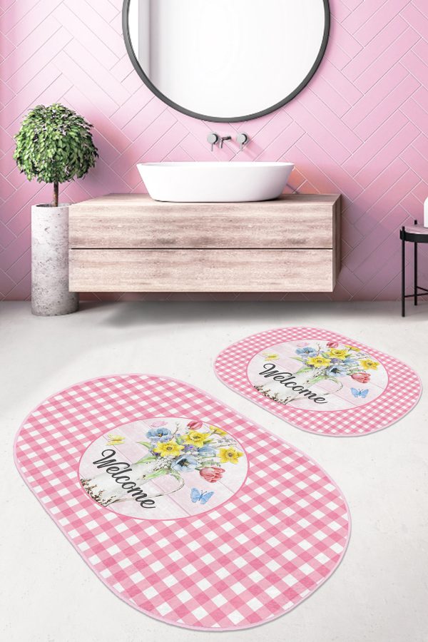 - RealHomes - Realhomes  Siyah Beyaz İskandinav Motifli Dijital Baskılı 2'li Oval Kaymaz Tabanlı Banyo & Mutfak Paspas Takımı Realhomes