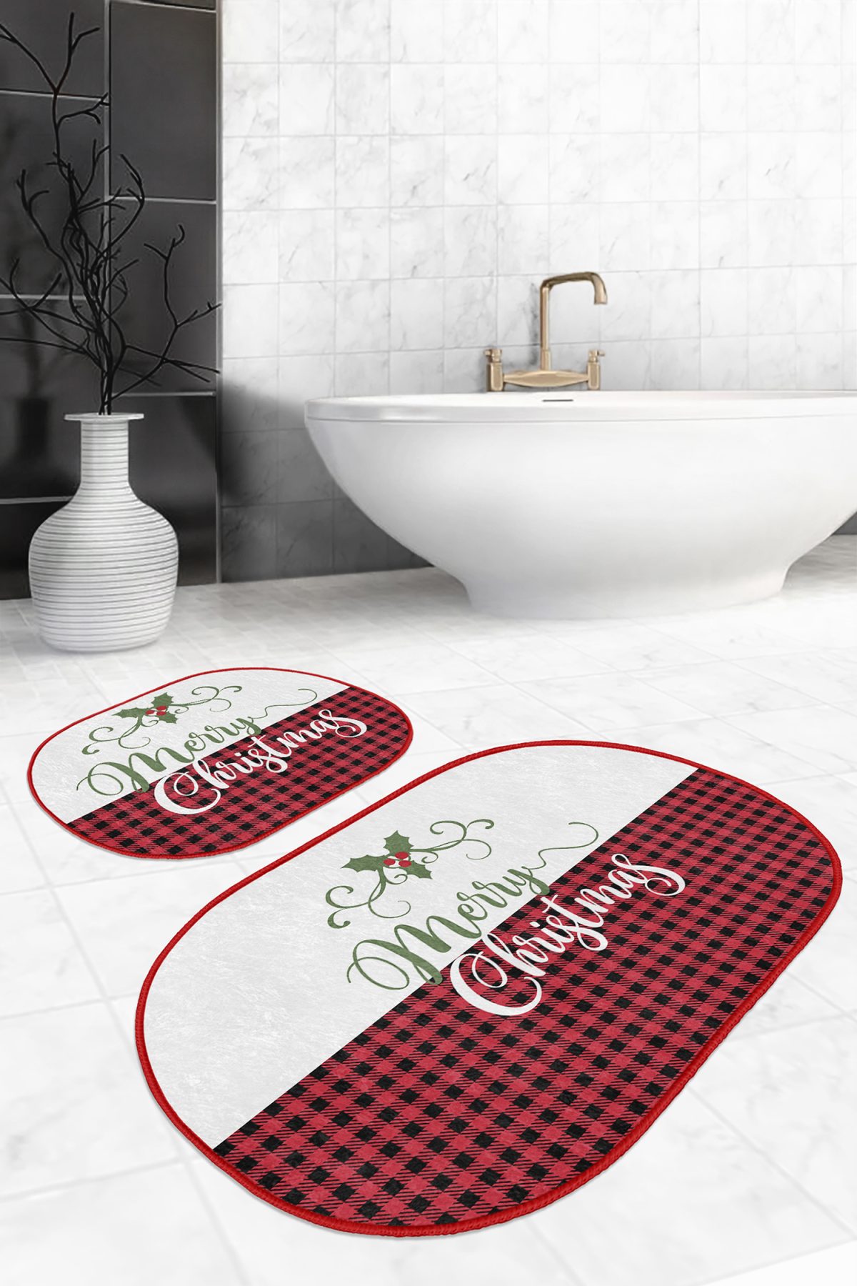 Mery Christmas Motifli 2'li Oval Kaymaz Tabanlı Banyo Paspas Takımı & Mutfak Paspas Seti Realhomes