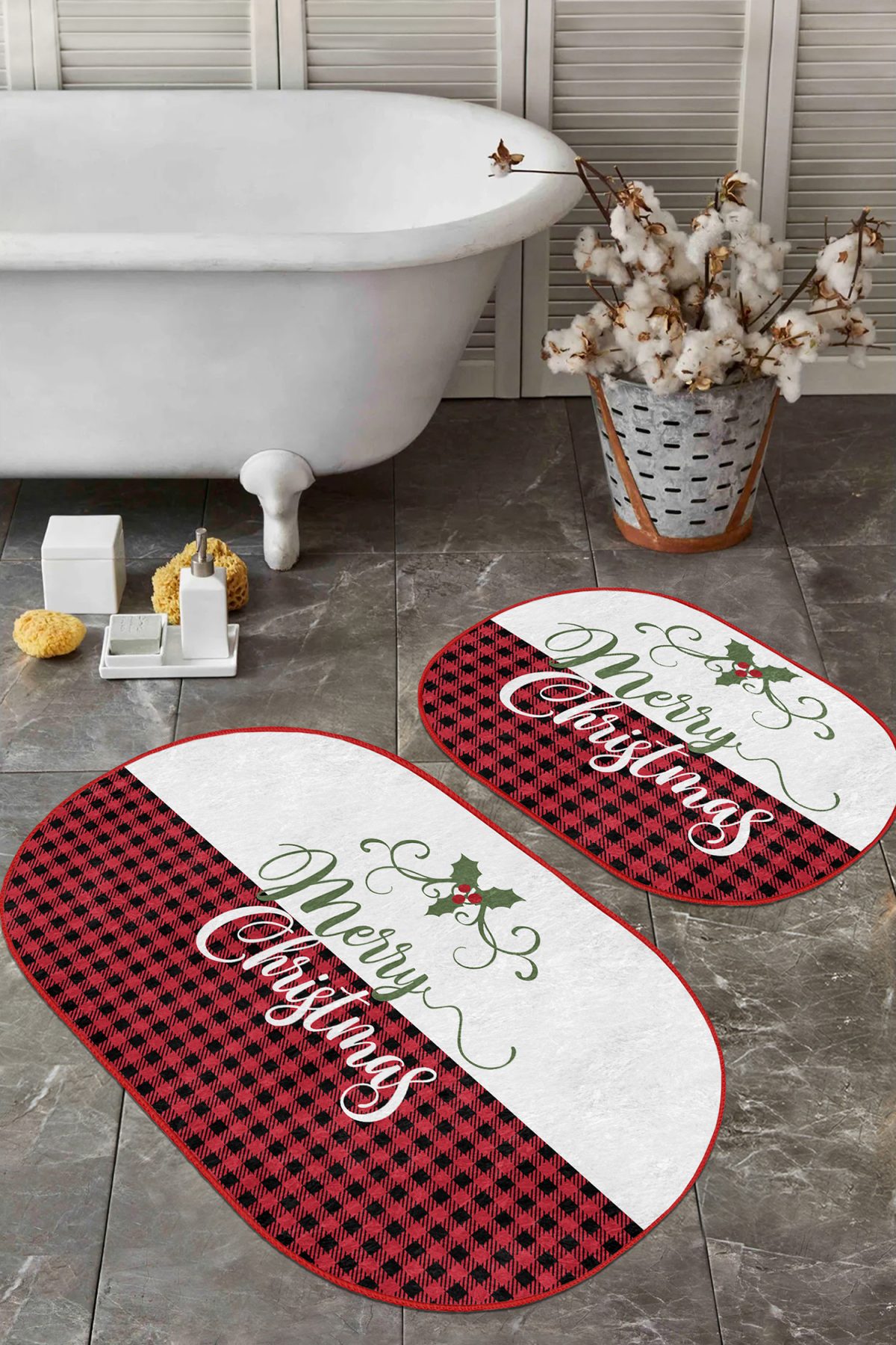 Mery Christmas Motifli 2'li Oval Kaymaz Tabanlı Banyo Paspas Takımı & Mutfak Paspas Seti Realhomes