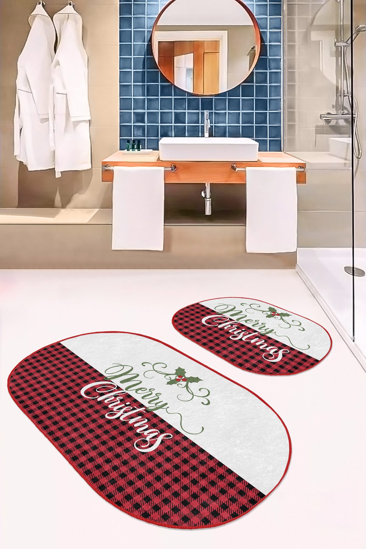 Mery Christmas Motifli 2'li Oval Kaymaz Tabanlı Banyo Paspas Takımı & Mutfak Paspas Seti Realhomes