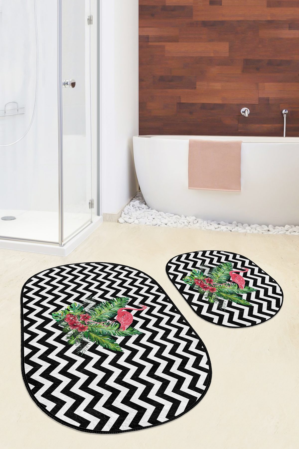 Çok Zigzag Motifli Flamingo Tasarımlı 2'li Oval Kaymaz Tabanlı Banyo & Mutfak Paspas Takımı Realhomes