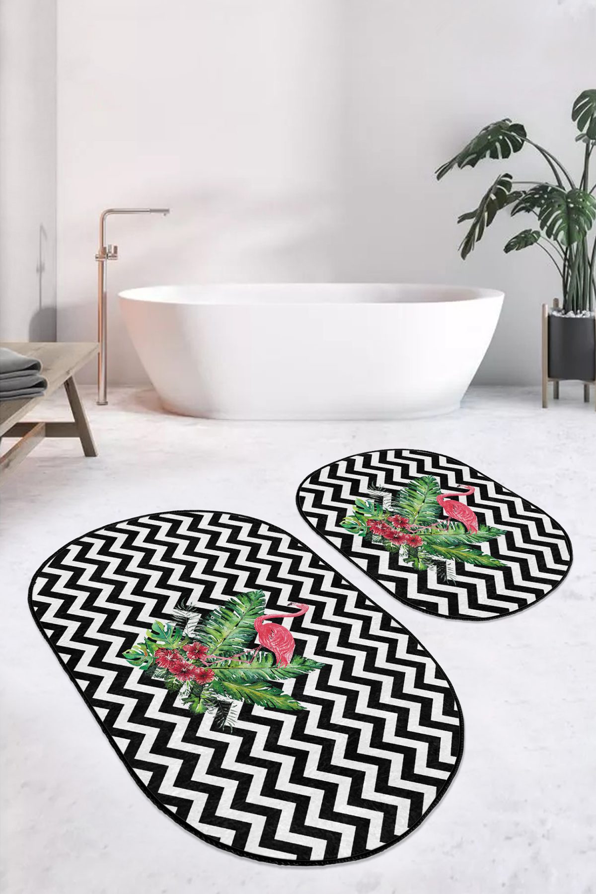 Çok Zigzag Motifli Flamingo Tasarımlı 2'li Oval Kaymaz Tabanlı Banyo & Mutfak Paspas Takımı Realhomes