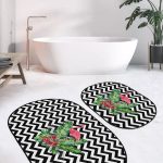 Siyah Zemin Renkli Çiçek Desenli Dijital Baskılı 2'li Oval Kaymaz Tabanlı Banyo & Mutfak Paspas Takımı Realhomes