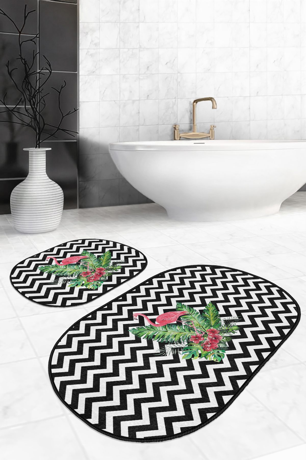 Çok Zigzag Motifli Flamingo Tasarımlı 2'li Oval Kaymaz Tabanlı Banyo & Mutfak Paspas Takımı Realhomes