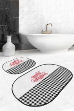 - RealHomes - Realhomes  Siyah Ekose Mery Christmas Temalı 2'li Oval Banyo Halısı Seti & Mutfak Paspas Takımı Realhomes