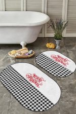 - RealHomes - Realhomes  Siyah Ekose Mery Christmas Temalı 2'li Oval Banyo Halısı Seti & Mutfak Paspas Takımı Realhomes