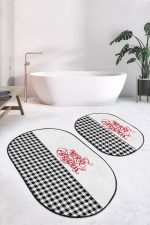 - RealHomes - Realhomes  Siyah Ekose Mery Christmas Temalı 2'li Oval Banyo Halısı Seti & Mutfak Paspas Takımı Realhomes