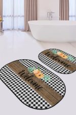 - RealHomes - Realhomes  Welcome Temalı Ekose Motifli 2'li Oval Kaymaz Tabanlı Mutfak Halısı Seti & Banyo Paspas Takımı Realhomes