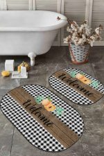 - RealHomes - Realhomes  Welcome Temalı Ekose Motifli 2'li Oval Kaymaz Tabanlı Mutfak Halısı Seti & Banyo Paspas Takımı Realhomes