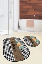 - RealHomes - Realhomes  Welcome Temalı Ekose Motifli 2'li Oval Kaymaz Tabanlı Mutfak Halısı Seti & Banyo Paspas Takımı Realhomes