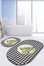 - RealHomes - Realhomes  Siyah Ekose Motifli Limon Temalı 2'li Oval Kaymaz Tabanlı Banyo Paspas Takımı & Mutfak Paspas Seti Realhomes
