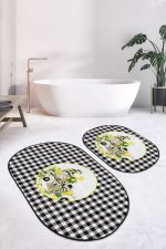 - RealHomes - Realhomes  Siyah Ekose Motifli Limon Temalı 2'li Oval Kaymaz Tabanlı Banyo Paspas Takımı & Mutfak Paspas Seti Realhomes