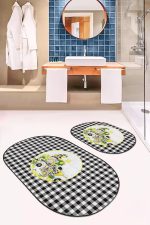 - RealHomes - Realhomes  Siyah Ekose Motifli Limon Temalı 2'li Oval Kaymaz Tabanlı Banyo Paspas Takımı & Mutfak Paspas Seti Realhomes