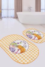 - RealHomes - Realhomes  Kabak Motifli Ekose Temalı 2'li Oval Kaymaz Tabanlı Banyo Halısı Seti & Klozet Paspas Takımı Realhomes