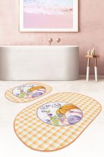 - RealHomes - Realhomes  Kabak Motifli Ekose Temalı 2'li Oval Kaymaz Tabanlı Banyo Halısı Seti & Klozet Paspas Takımı Realhomes