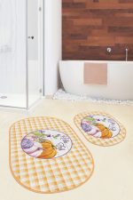 - RealHomes - Realhomes  Kabak Motifli Ekose Temalı 2'li Oval Kaymaz Tabanlı Banyo Halısı Seti & Klozet Paspas Takımı Realhomes