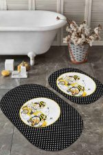 - RealHomes - Realhomes  Siyah Puantiyeli Sarı Arabalı 2'li Oval Kaymaz Tabanlı Banyo Paspas Takımı & Mutfak Halısı Seti Realhomes