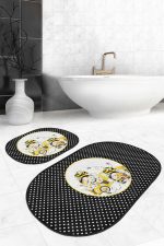 - RealHomes - Realhomes  Siyah Puantiyeli Sarı Arabalı 2'li Oval Kaymaz Tabanlı Banyo Paspas Takımı & Mutfak Halısı Seti Realhomes