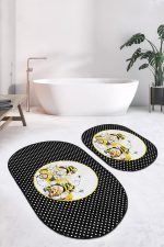 - RealHomes - Realhomes  Siyah Puantiyeli Sarı Arabalı 2'li Oval Kaymaz Tabanlı Banyo Paspas Takımı & Mutfak Halısı Seti Realhomes