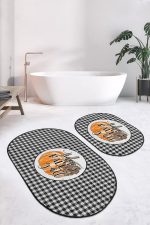 - RealHomes - Realhomes  Siyah Ekose Motifli Kabak Temalı 2'li Oval Kaymaz Tabanlı Mutfak Paspas Takımı & Banyo Paspas Seti Realhomes