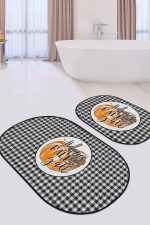 - RealHomes - Realhomes  Siyah Ekose Motifli Kabak Temalı 2'li Oval Kaymaz Tabanlı Mutfak Paspas Takımı & Banyo Paspas Seti Realhomes