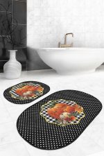 - RealHomes - Realhomes  Kabak Temalı Give Thanks Temalı 2'li Oval Kaymaz Tabanlı Mutfak Paspas Takımı & Banyo Halısı Seti Realhomes